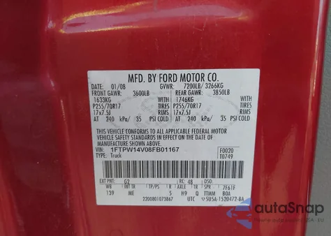 2008 Ford F-150 60Th Anniversary/Fx4/King Ranch/Lariat/Xlt from USA, damaged, VIN 1FTPW14V08FB01167